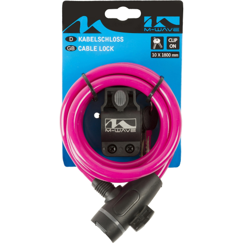 Замок M-Wave тросовый, 10х1800мм, ключ, с защитным колпачком, розовый, 5-233868, розовый